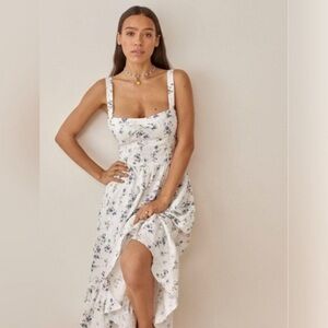 NEW Reformation Maegan Linen Dress Floral White Midi Dress Madeleine | US 0 UK 4